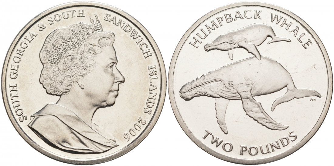 Южная Георгия и Южные Сандвичевы Острова 2 фунта 2006 горбатый кит KM 24 медно-никель UNC 4537-632