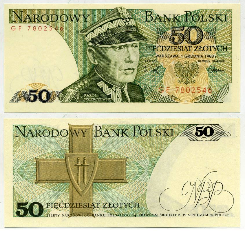 Польша 50 злотых 1988 Кароль Сверчевский, знак Грюнвальдского ордена Pick 142 c бумага UNC (пресс) 7147-31-1