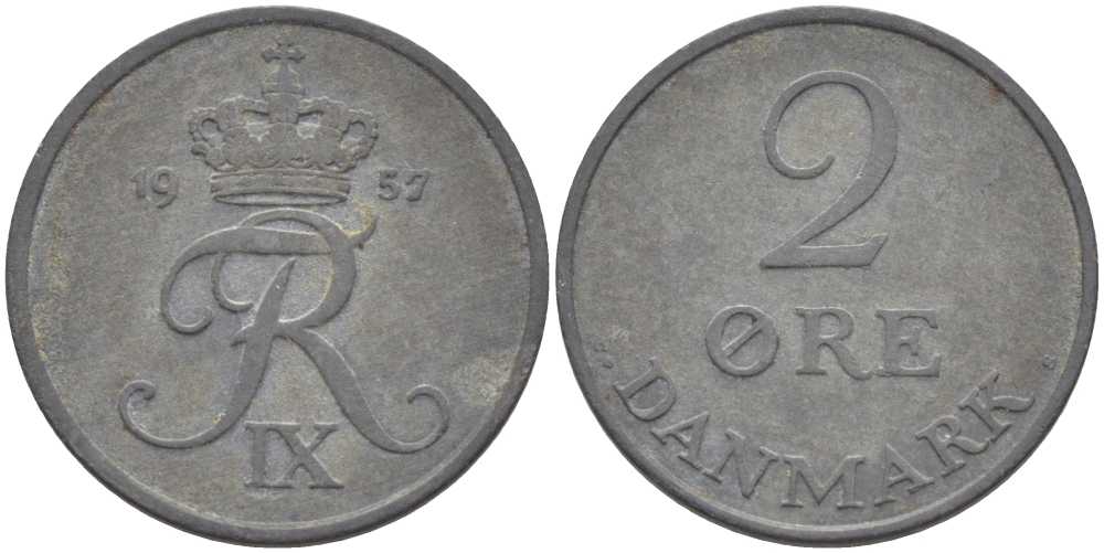 ДАНИЯ 2 ЭРЕ 1957 C; S, ФРЕДЕРИК IX (1947-1972) KM 840.2 цинк 67-251