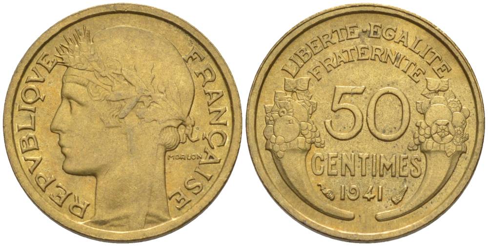 ФРАНЦИЯ 50 САНТИМОВ 1941 ТИП MORLON KM 894.1, LE FRANC 192.18 алюминиевая бронза 44-645