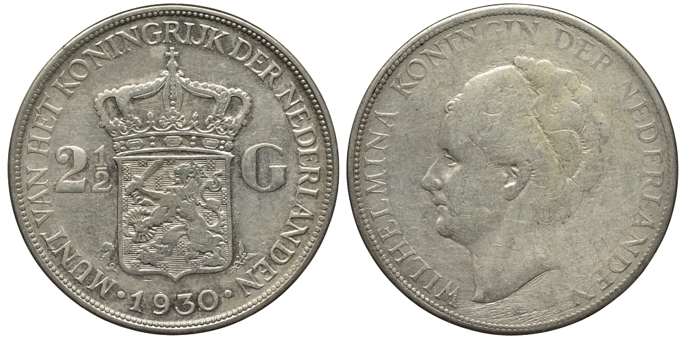 Нидерланды 2 1/2 гульдена 1930 Вильгельмина I (1890-1948) KM 165 серебро 443-421