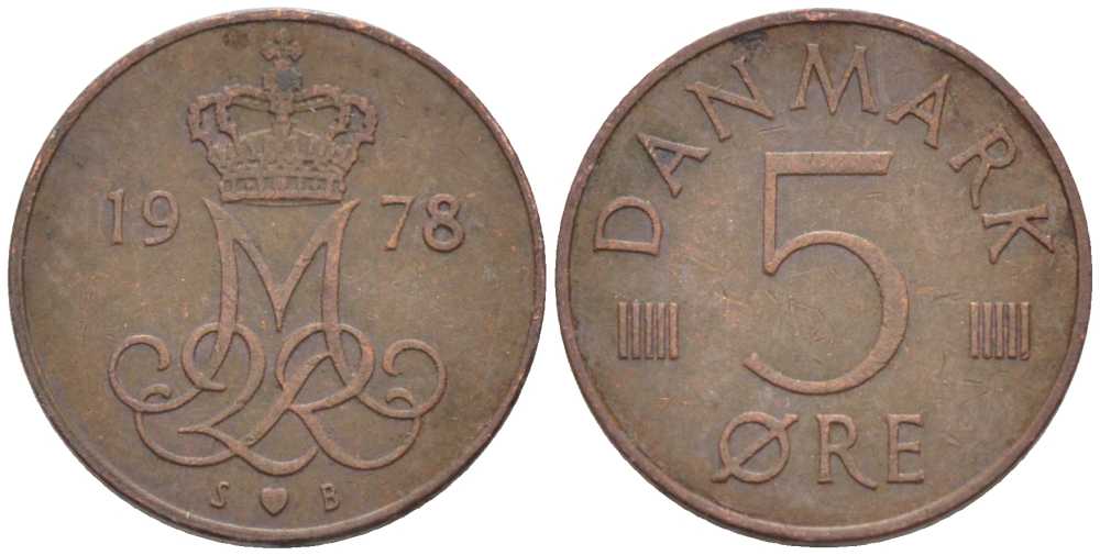 ДАНИЯ 5 ЭРЕ 1978 S; B, МАРГРЕТЕ II (1972-) KM 859.1 железо плакированное медью 4392-453