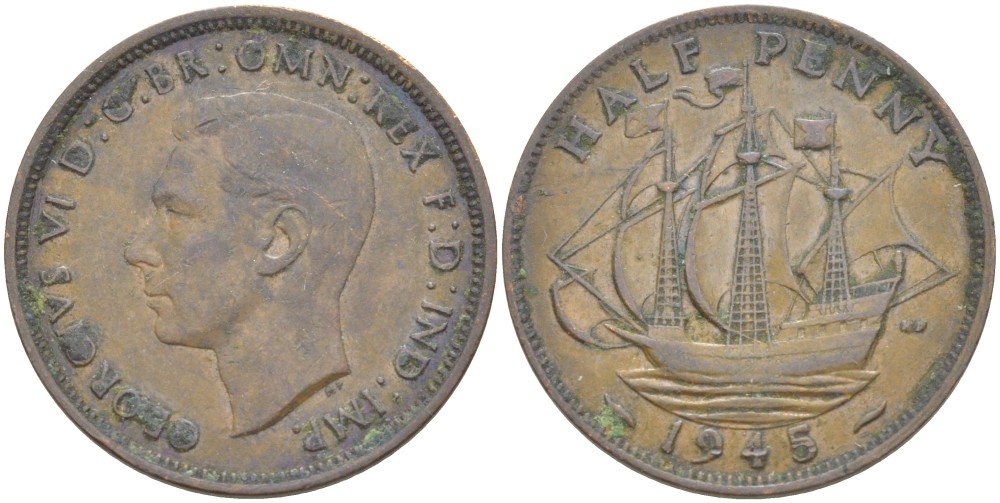 Великобритания 1/2 пенни 1945 Георг VI (1936-1952) KM 844, Spink 4115 бронза    4603-1026