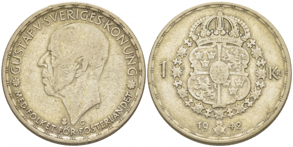 Швеция 1 крона 1942 G, Густав V (1907-1950) KM 814 серебро 4402-341