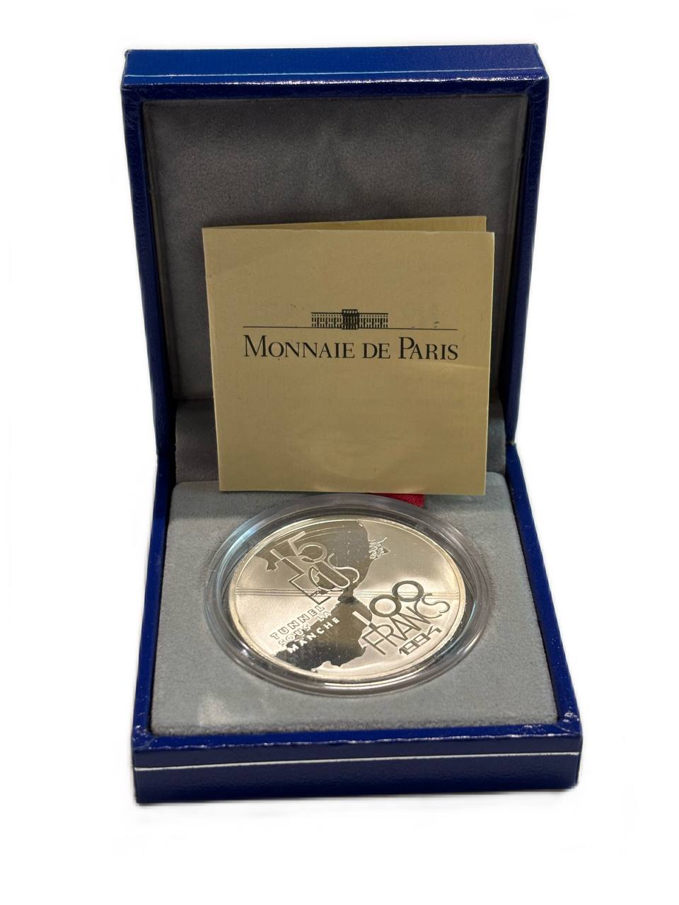 Франция 100 франков 1994 Тоннель под Ла-Маншем, в оригинальной упаковке, с сертификатом KM 1060 серебро PROOF 8-2-05-06