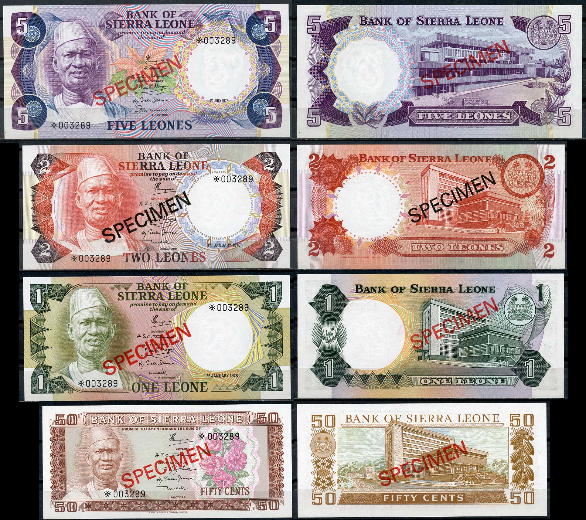Сьерра-Леоне 50 центов, 1, 2, и 5 емалангени 1978 образец, Specimen, № 003289 Pick 4 s, 5 s, 6 s, 7 s  бумага  UNC (пресс) 451-41-2