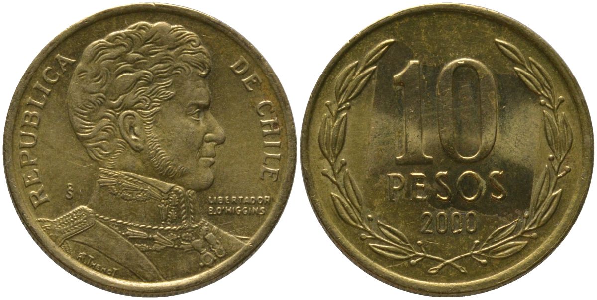 Чили 10 песо 2000 So KM 228.2, Schon 82 алюминиевая бронза aUNC 4544-643