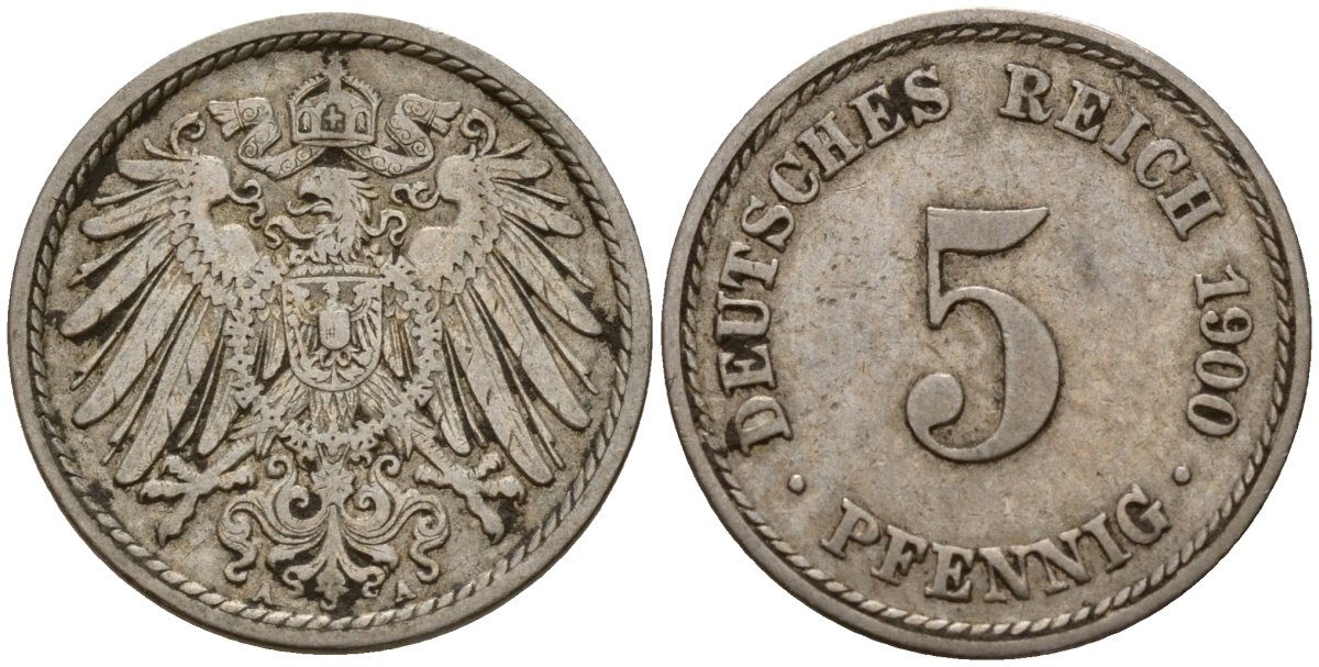 Германия 5 пфеннигов 1900 A KM 11, J. 12 медно-никель 4189-828
