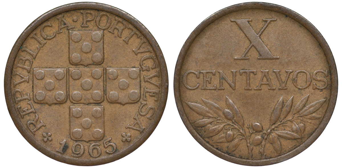 ПОРТУГАЛИЯ 10 СЕНТАВО 1965 KM 583 бронза 45-1145