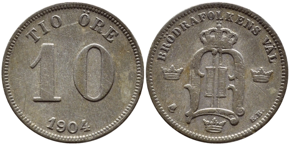 Швеция 10 эре 1904 EB, Оскар II (1872-1907) король Швеции и Норвегии KM 755 серебро 1530-545