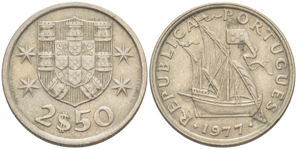 ПОРТУГАЛИЯ 2,5 ЭСКУДО 1977 ПАРУСНИК KM 590 медно-никель 3718-321