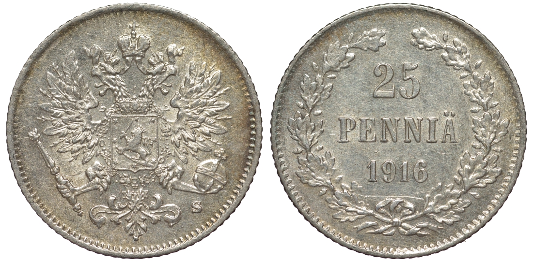 Россия для Финляндии 25 пенни 1916 S, Николай II (1894-1917) KM 6.2, Биткин 421 серебро 75-1335