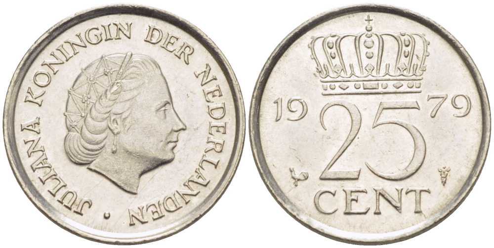 Нидерланды 25 центов 1979 Юлиана (1949-1980) KM 183 никель 214-1119