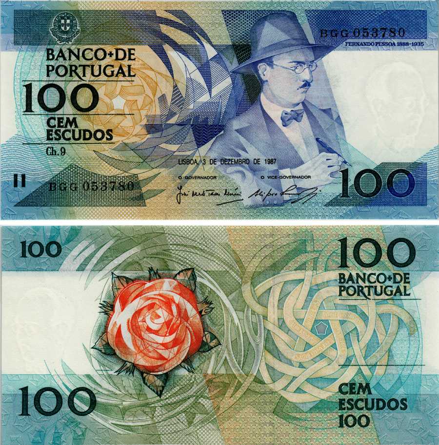 ПОРТУГАЛИЯ 100 ЭСКУДО 1987 3 ДЕКАБРЯ 1987, ФЕРНАНДО ПЕССОА ПОРТУГАЛЬСКИЙ ПОЭТ Pick 179d бумага аUNC 6281-29-2-2