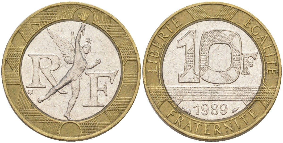 Франция 10 франков 1989 тип гений Бастилии KM 964.1, Le Franc 375.3 биметалл 4395-1022