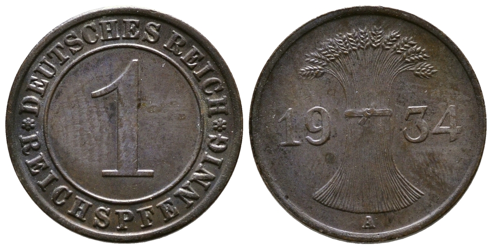 ГЕРМАНИЯ 1 РЕЙХСПФЕННИГ 1934 A KM 37, J. 313 бронза 4380-1258