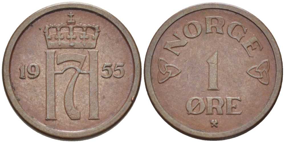 НОРВЕГИЯ 1 ЭРЕ 1955 ХОКОН VII (1905-1957) KM 398 бронза 116-1063