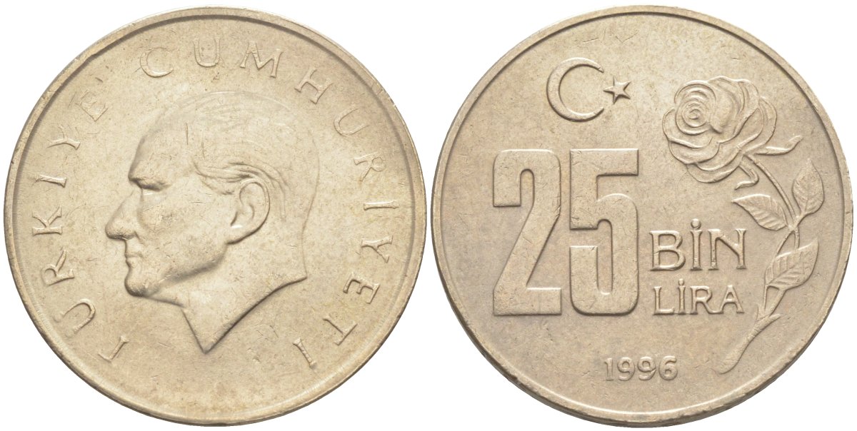 Турция 25000 лир 1996 Мустафа Кемаль Ататюрк KM 1041 медь никель цинк 97-333