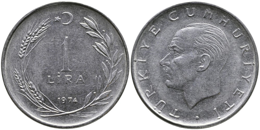 Турция 1 лира 1974 Мустафа Кемаль Ататюрк KM 889а.2 нержавеющая сталь 4178-924