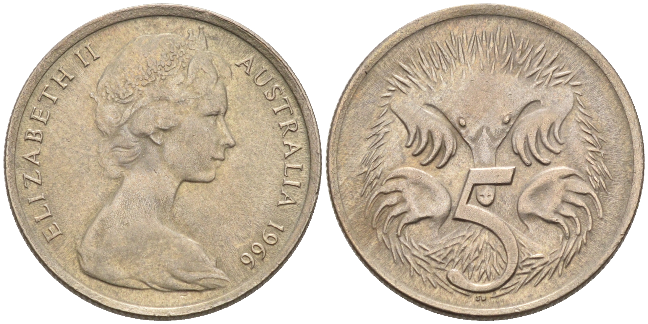 АВСТРАЛИЯ 5 ЦЕНТОВ 1966 ЕЛИЗАВЕТА II, МОЛОДОЙ ПОРТРЕТ, ЕХИДНА KM 64 медно-никель 4564-1148