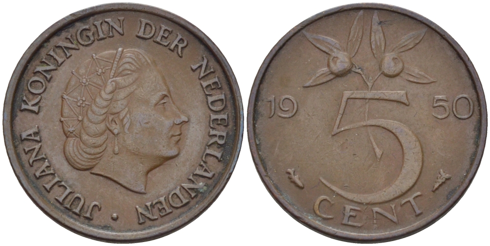 НИДЕРЛАНДЫ 5 ЦЕНТОВ 1950 ЮЛИАНА KM 181 бронза 31-937