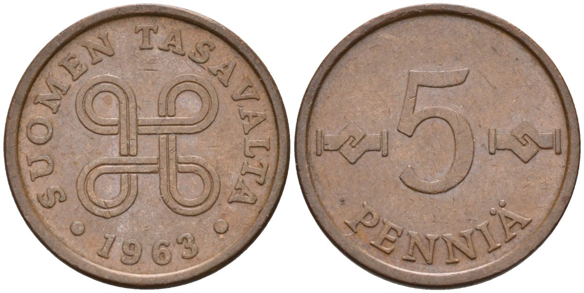 Финляндия 5 пенни 1963 KM 45 медь 4588-759