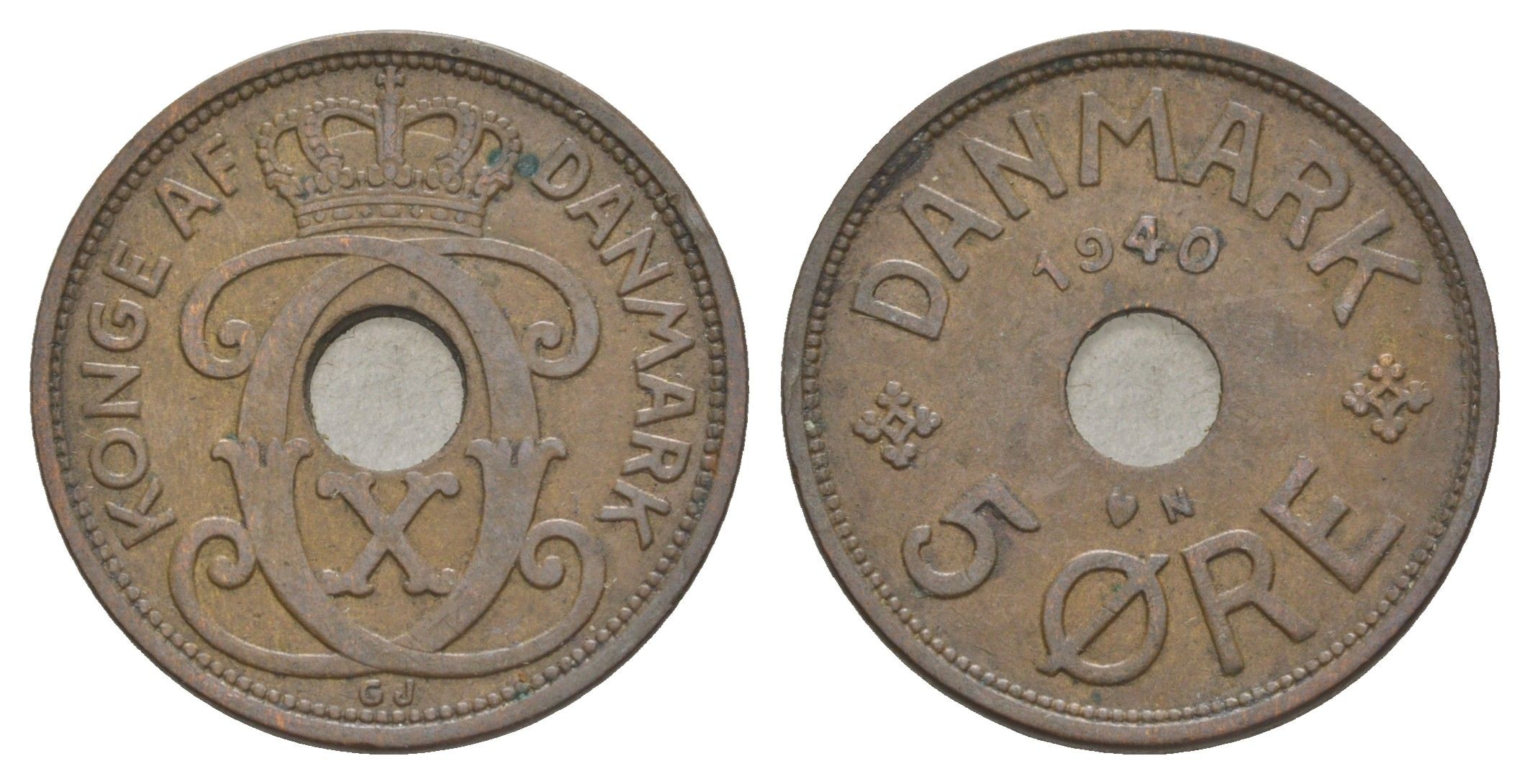 Дания 5 эре 1940 N, Кристиан X (1912-1947) KM 828 бронза 4638-636