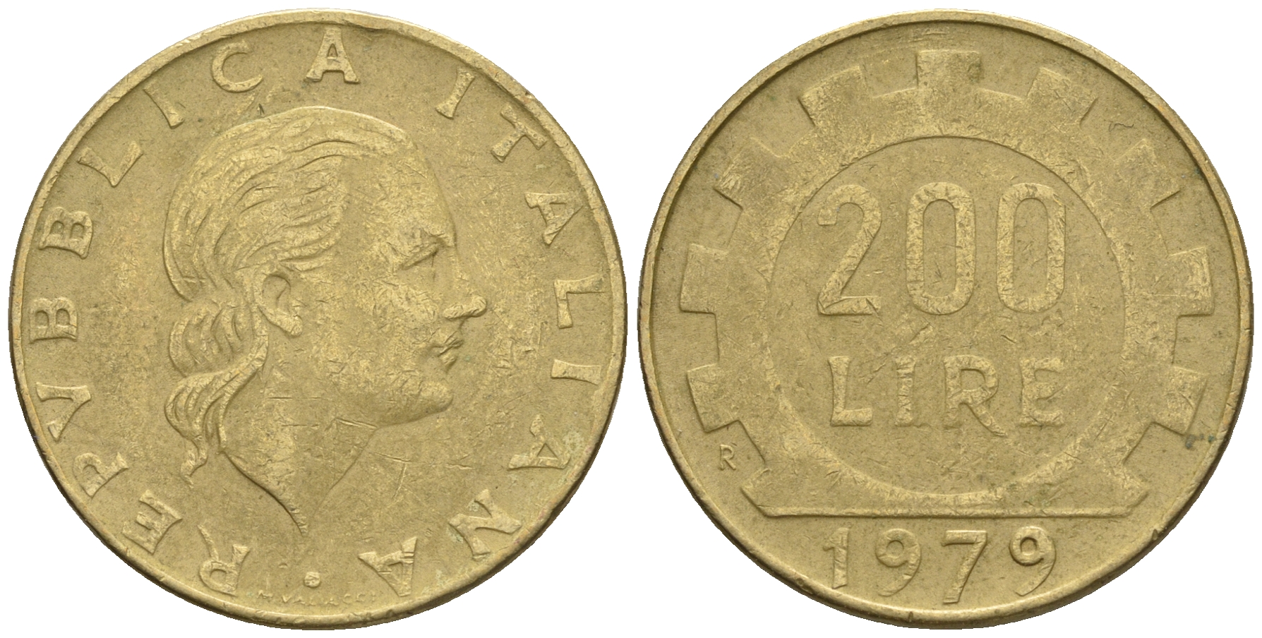 Италия 200 лир 1979 R, шестерня KM 105 алюминиевая бронза 85-533