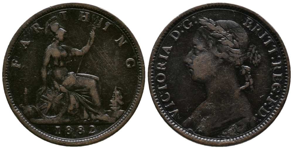 Великобритания 1 фартинг 1882 Н, Виктория (1837-1901) KM 753, Spink 3959 бронза  1518-441