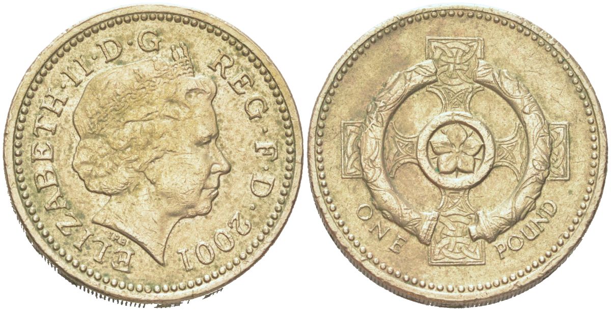 Великобритания 1 фунт 2001 Елизавета II (1952-2022) KM 1013, Spink 4593 никель латунь 4128-813