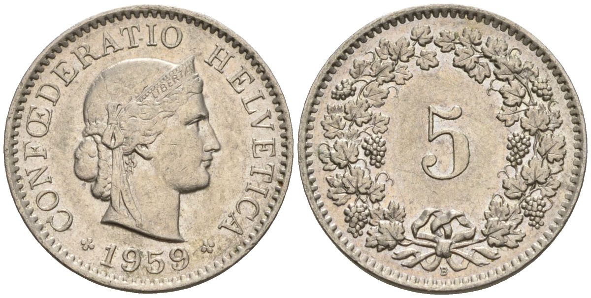 Швейцария 5 раппенов 1959 B KM 26 медно-никель 4608-448
