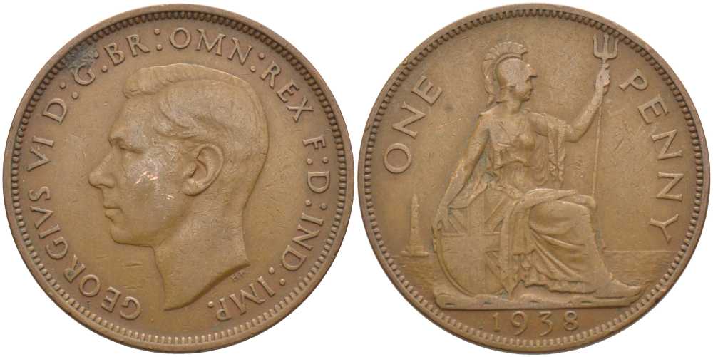 Великобритания 1 пенни 1938 Георг VI (1936-1952) КМ 845, Spink 4114 бронза 115-343
