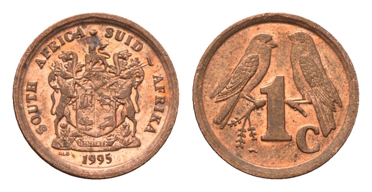 ЮАР 1 цент 1995 герб, капские воробьи KM 132 сталь плакированная медью UNC 4694-165