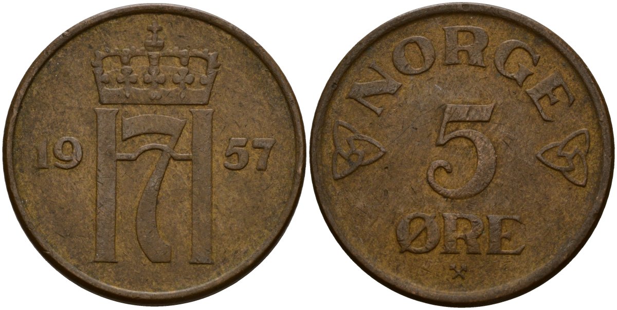 Норвегия 5 эре 1957 Хокон VII (1906 - 1957) KM 400 бронза 4156-247
