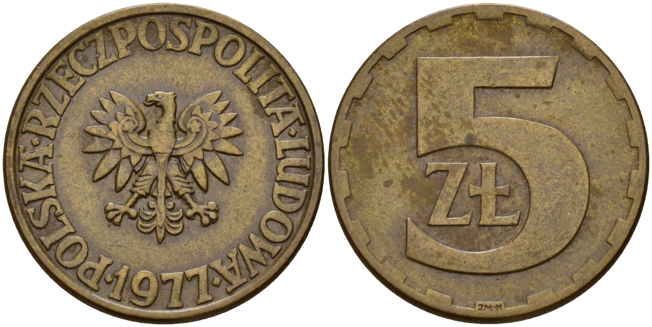 Польша 5 злотых 1977 монетный двор Ленинград (ЛМД) KM 81.1, Parchimowicz 221c латунь 4161-1113