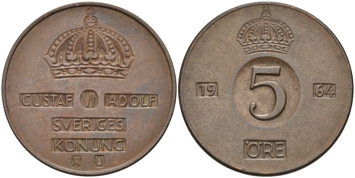 Швеция 5 эре 1964 Густав VI Адольф (1950-1973) KM 822 бронза 4526-1246