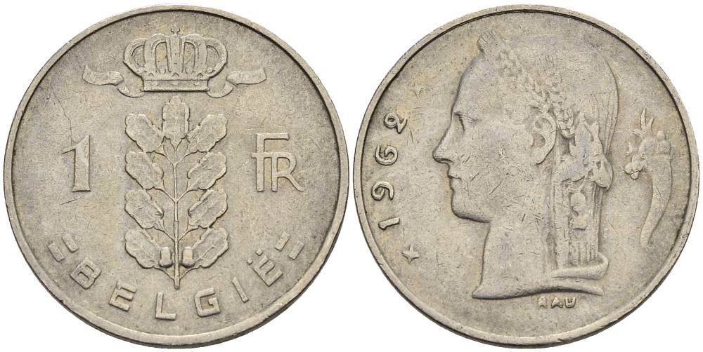 БЕЛЬГИЯ 1 ФРАНК 1962 BELGIE KM 143.1 медно-никель 4546-352