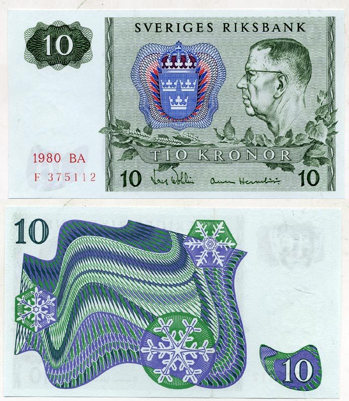 ШВЕЦИЯ 10 КРОН 1980 ВА Pick 52e бумага UNC (ПРЕСС) 7523-3-2