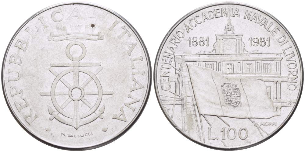 ИТАЛИЯ 100 ЛИР 1981 100 ЛЕТ ВОЕННО-МОРСКОЙ АКАДЕМИИ В ЛЕВОРНО (1881-1981) KM 108 нержавеющая сталь 4526-342