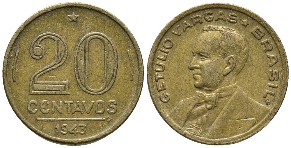 Бразилия 20 сентаво 1943 Жетулиу Варгас KM 556а алюминиевая бронза 34-846