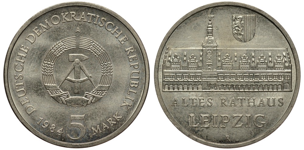 ГДР 5 марок 1984 А, Лейпциг, старая ратуша KM 96 медно-никель UNC 413-4112