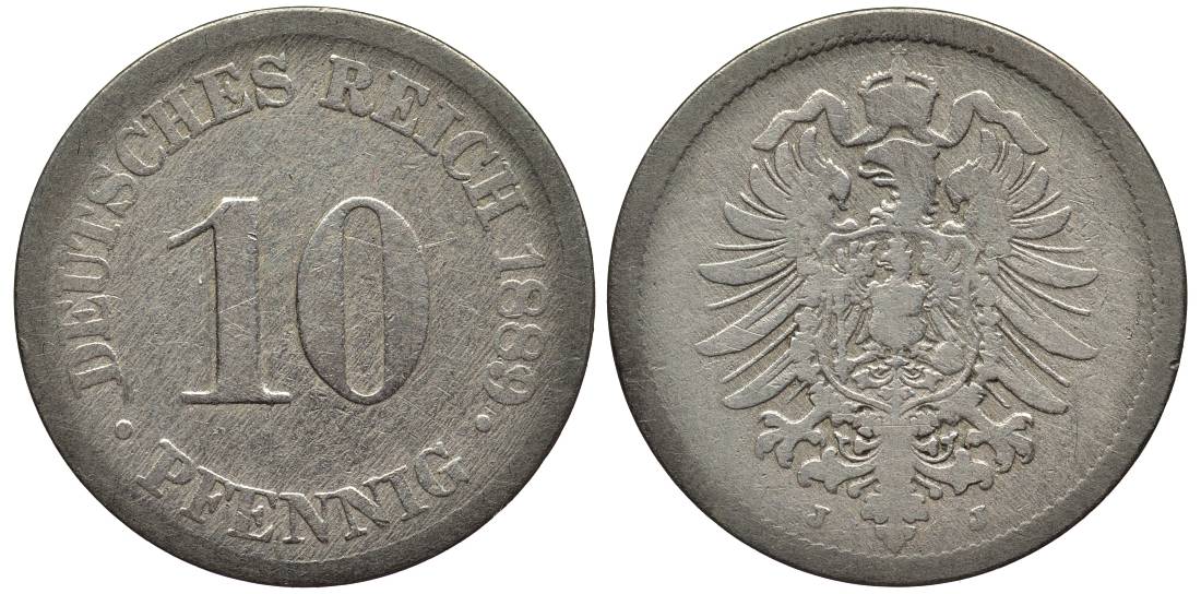 ГЕРМАНИЯ 10 ПФЕННИГОВ 1889 J, СТАРОГЕРБОВКА KM 4, Jager 4, Weege 7 медно-никель 4543-816