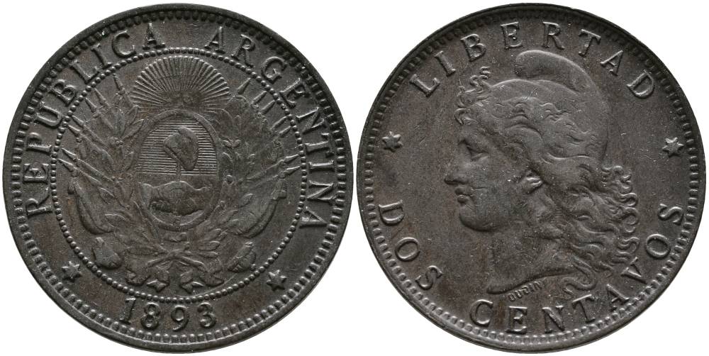 Аргентина 2 сентаво 1893 голова свободы влево KM 8 бронза 4531-1136