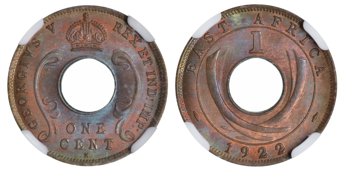 Британская Восточная Африка 1 цент 1922 Н, Георг V (1910-1936), в в слабе NGC, грейд MS65 RB KM 22 медь UNC 15-004-02