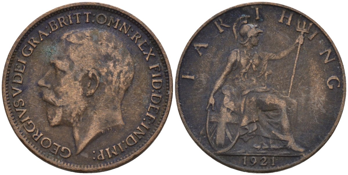 Великобритания 1 фартинг 1921 Георг V (1910-1936), светлая отделка KM 808.2, Spink 4060 бронза 4596-948