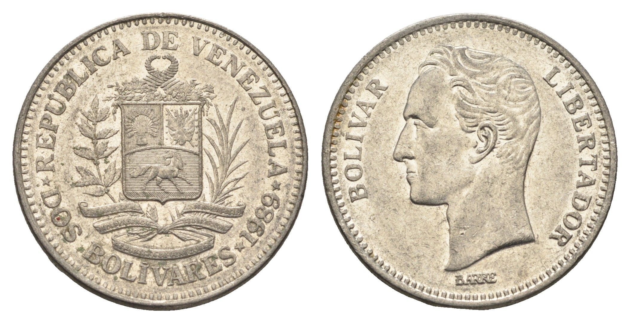 Венесуэла 2 боливара 1989 Симон Боливар Y 43a сталь плакированная никелем 4662-943