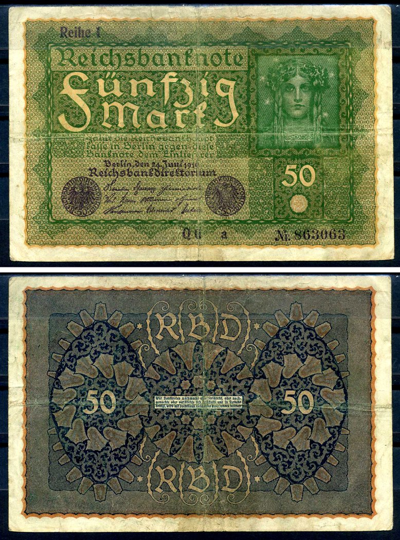 Германия 50 марок 1919 24 июня 1919, reihe I, серия QG, выпуск с ноября 1919 года Pick 66 (1), Rosenberg 62аа бумага 8619-27-1-2