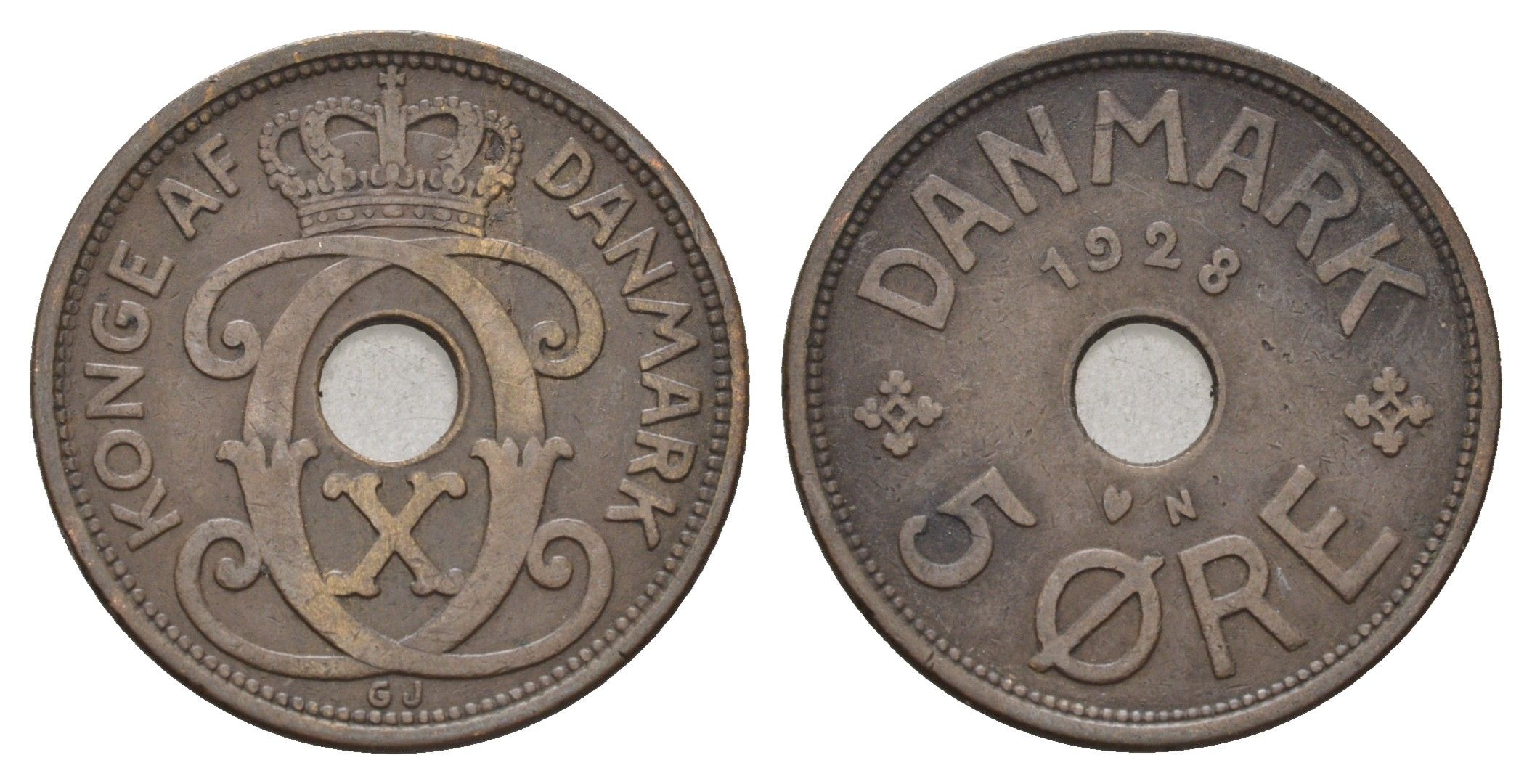 Дания 5 эре 1928 N, Кристиан X (1912-1947) KM 828 бронза 4700-824