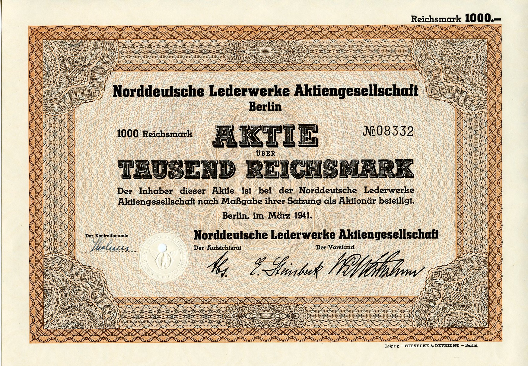 Германия 1000 рейхсмарок 1941 АО кожевенной промышленности Северной Германии, Берлин, акция   бумага   8804-111-1