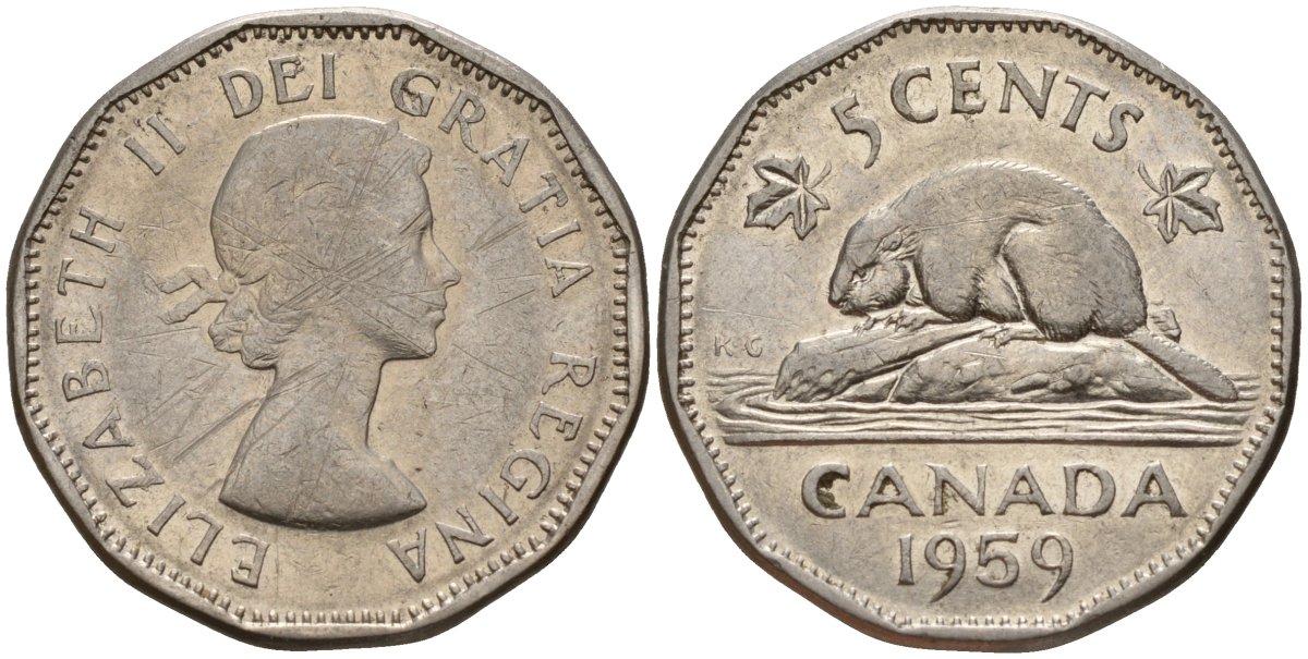 Канада 5 центов 1959 Елизавета II (1953-), бобр KM 50a никель 4189-532